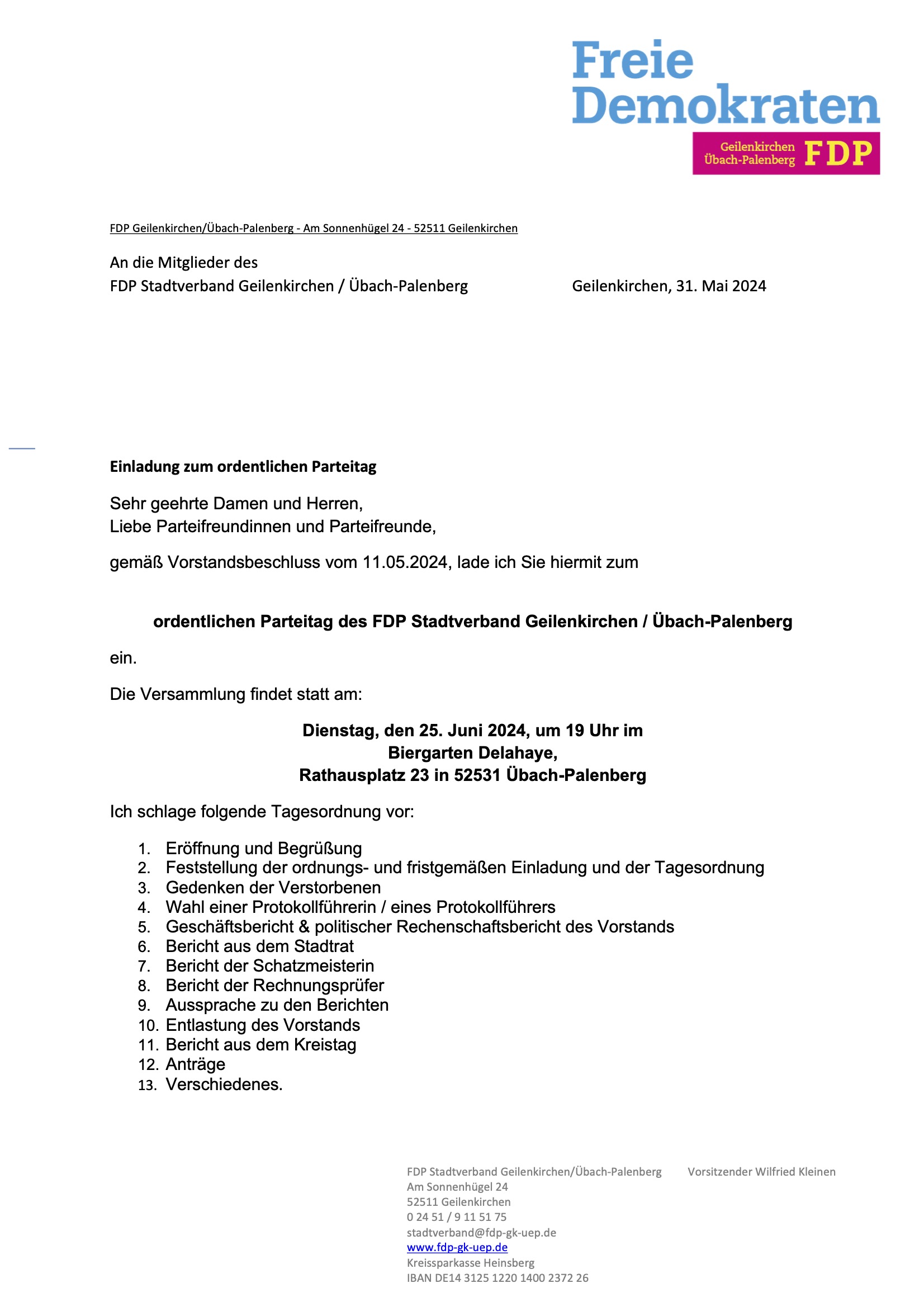 Einladung Parteitag FDP Geilenkirchen / Übach-Palenberg 2024